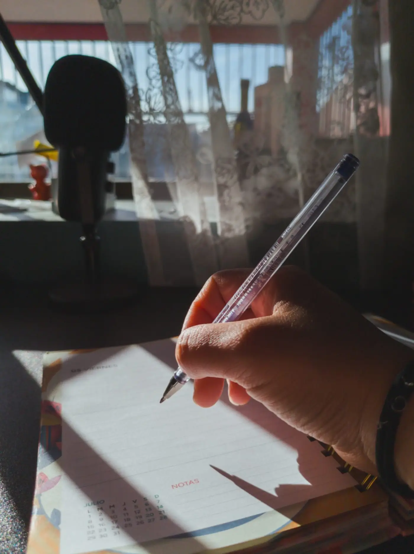 O mână care scrie într-o agendă, în lumina unei ferestre
